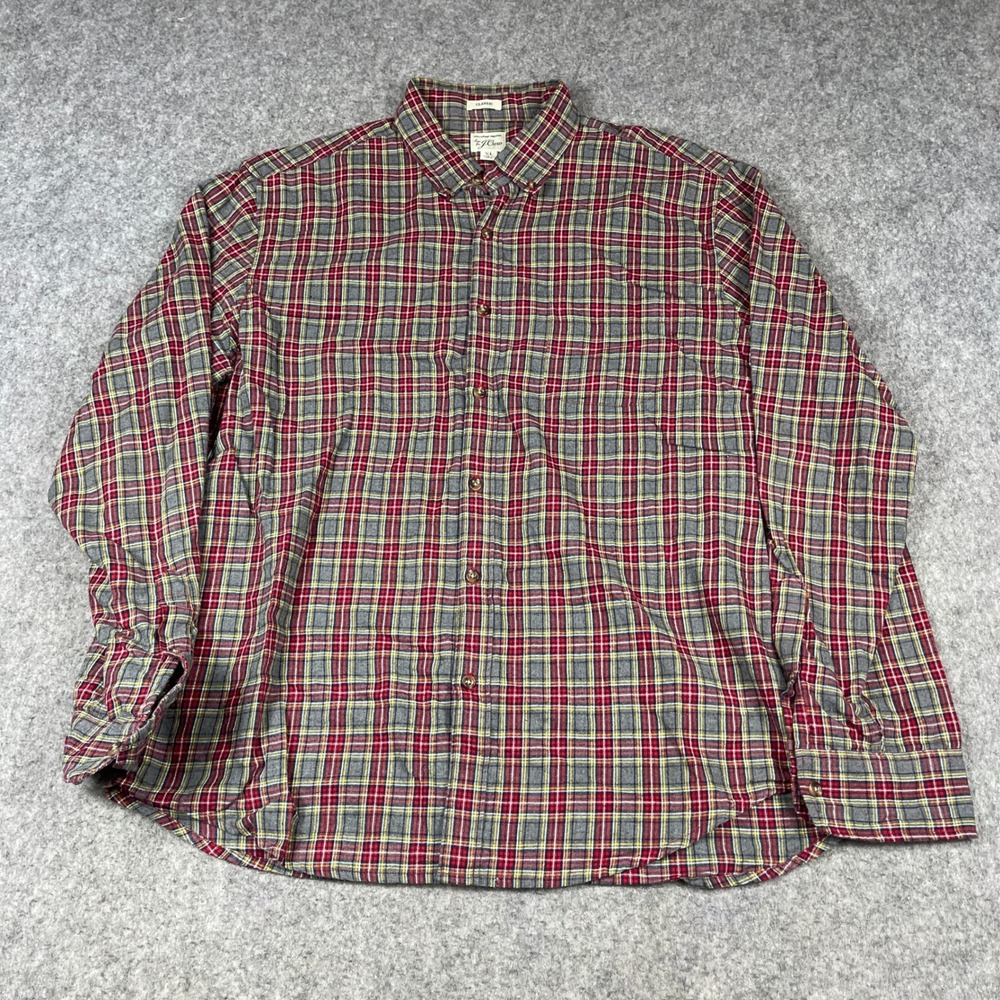 J.Crew Mens Flannel Button Down Shirt XL Grey Red Plaid Cotton Classic Fit